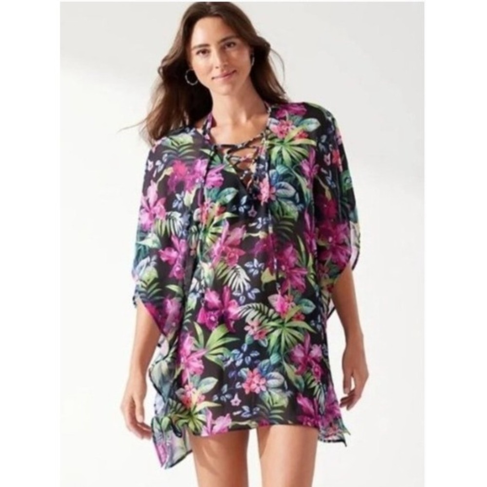 Tommy Bahama Womens Floral Lace Up Cover Up Poncho Black Tropical Size S/M